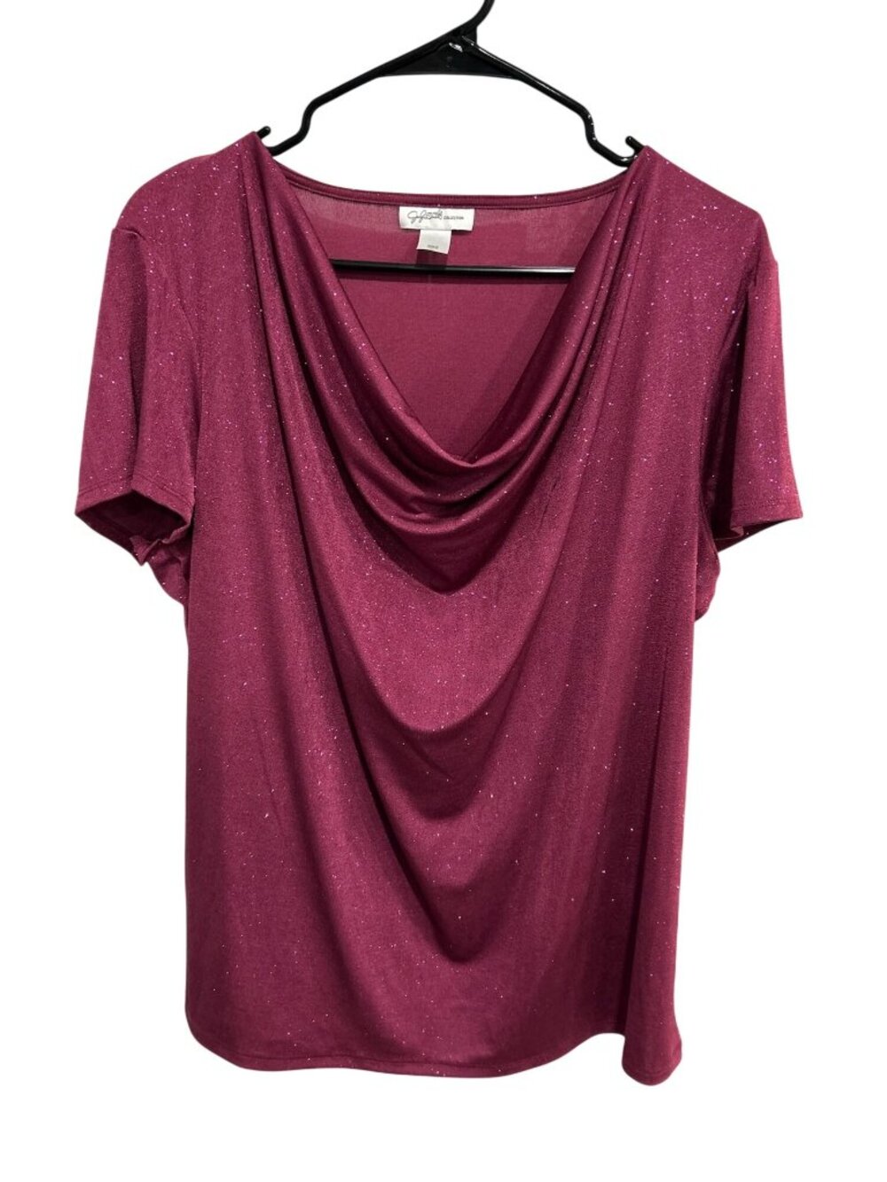 Jaclyn Smith Sparkly Burgundy Cowl Neck Short Sleeve Top Size XL MobWife Glam
